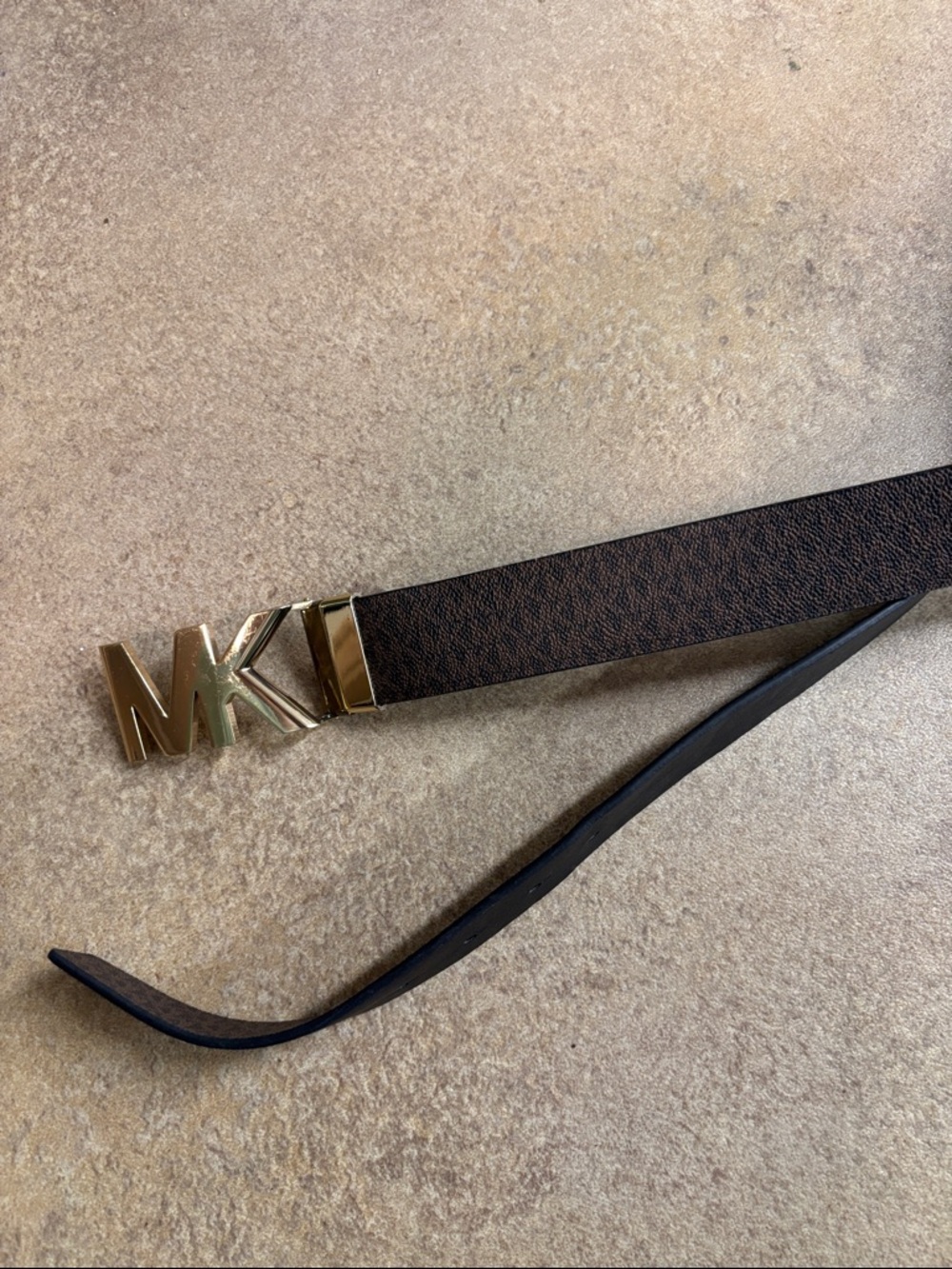 Michael Kors Brown Monogram Strap Belt with Gold MK Buckle